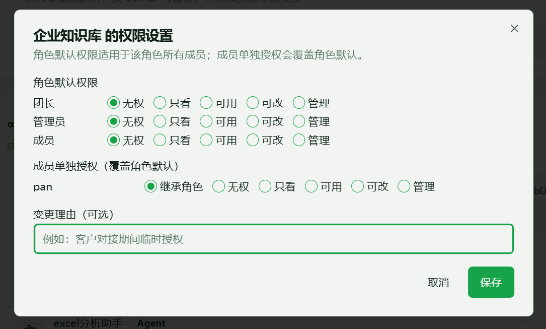 DODESK本地助手企业知识库权限设置弹窗，5 档权限与成员单独授权